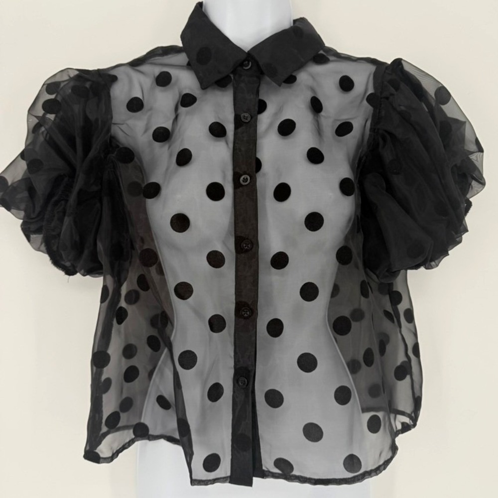 Womens Black Sheer Organza Puff Sleeve Polka Dot Blouse Goth‎ Regency Edgy M